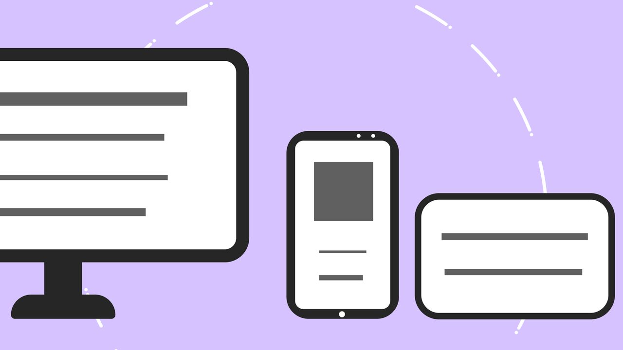 Vector icons showing a contemporary phone beside a computer monitor and a credit card, with gray lines on a purple background